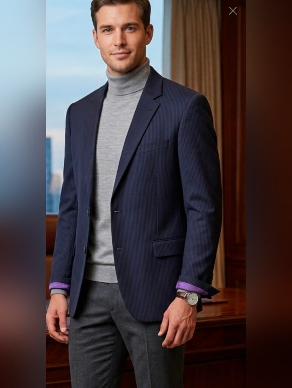 Neiman Marcus Men Super 120's 100%Wool Pinstripe Blazer Jacket 40S Purple Lining
